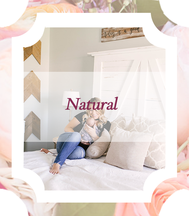 a picture of a mother holding her newborn on her bed with the word natural across the picture